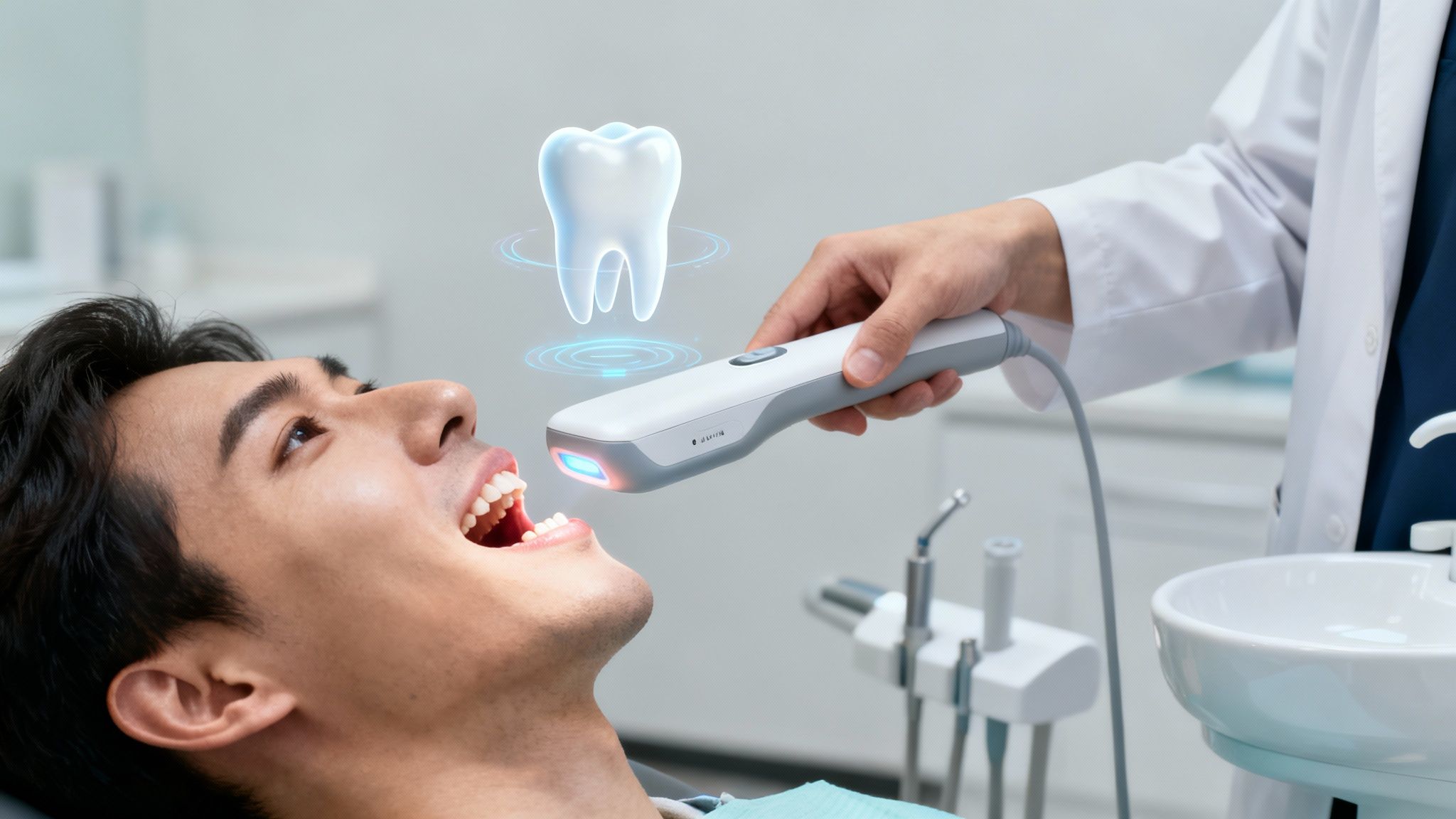 Dentist using an intraoral scanner on a patient, displaying a holographic tooth.