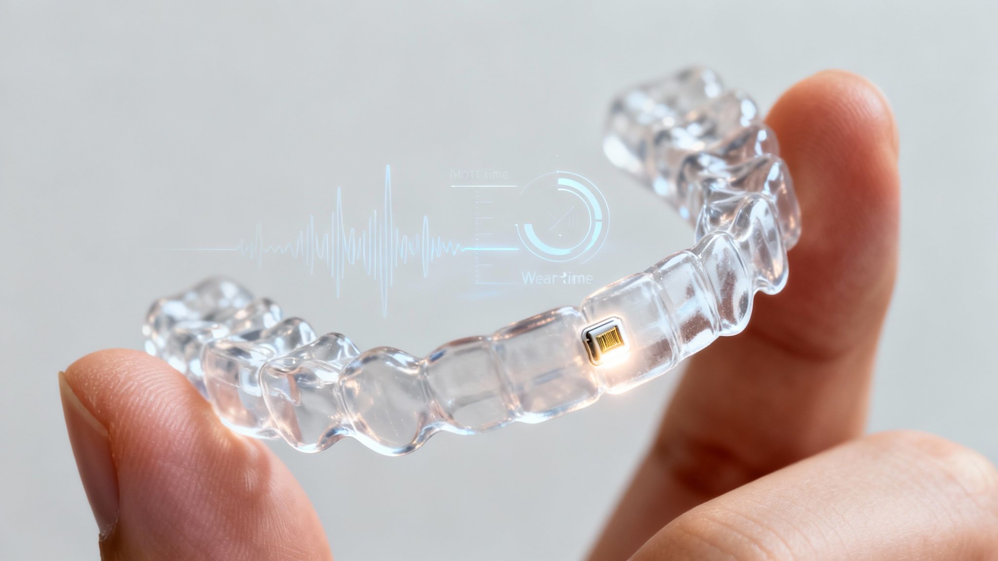 A hand holds a clear dental aligner with an integrated smart chip and digital wear-time tracking display.