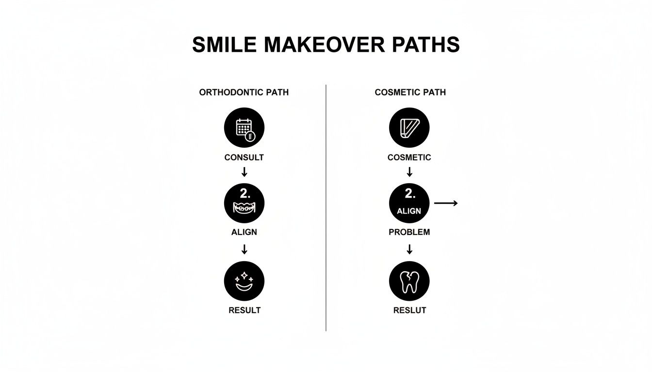 Flowchart illustrating two smile makeover paths: orthodontic and cosmetic, with sequential steps.