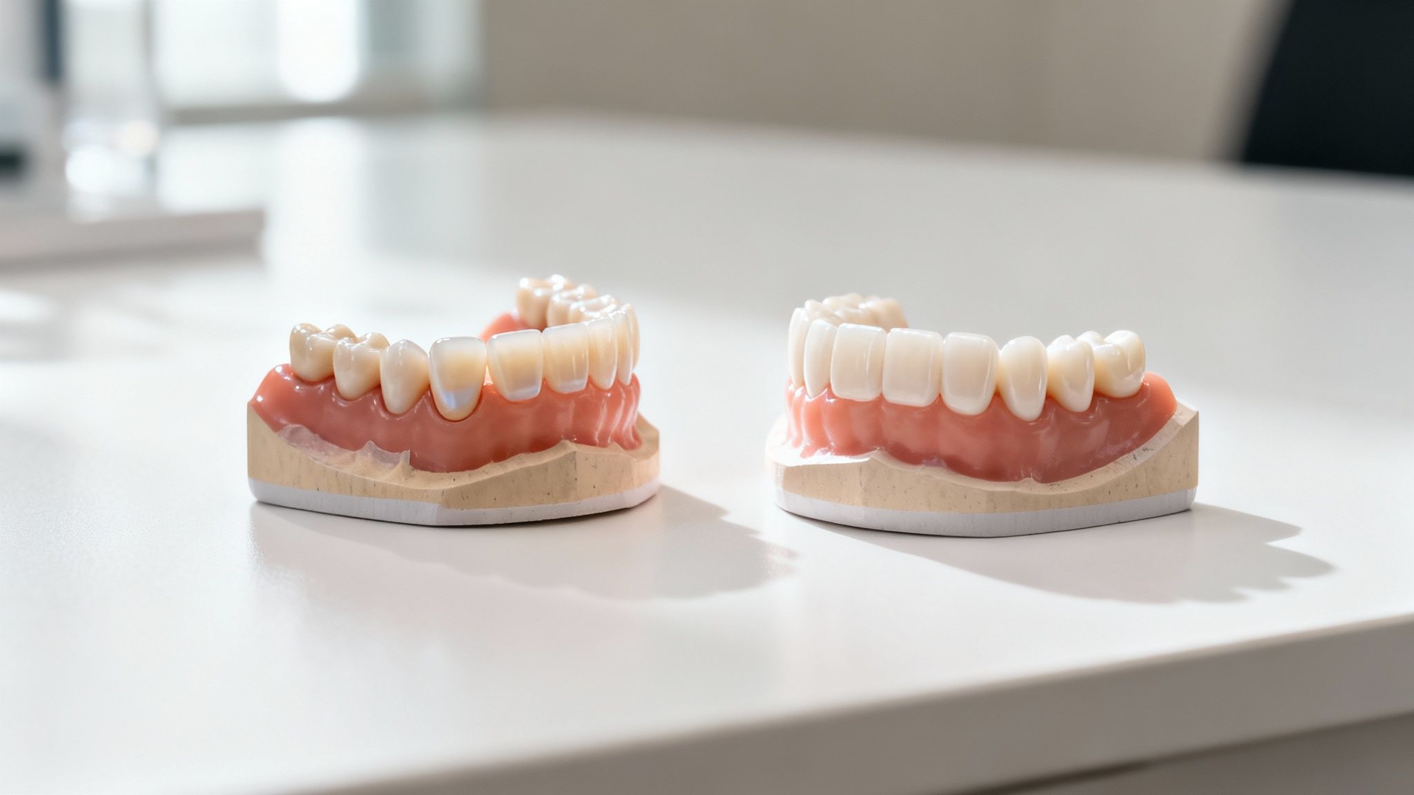 Two close-up dental models, showcasing perfect white teeth and pink gums, on a bright white surface.