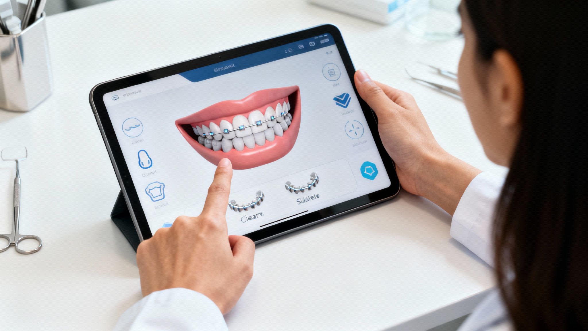 A dentist reviews a 3D digital model of teeth with braces on a tablet for smile design.