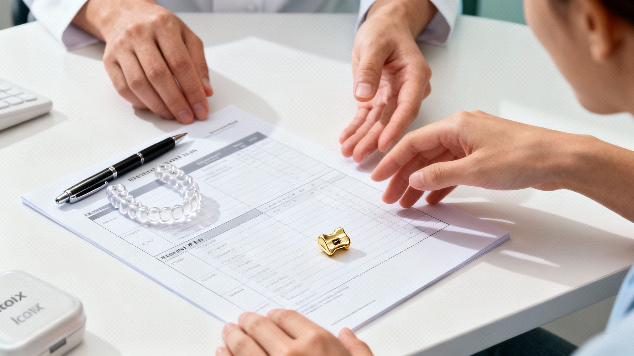 Doctor and patient discuss dental treatment, with clear aligners, a pen, and a dental tool on the table.