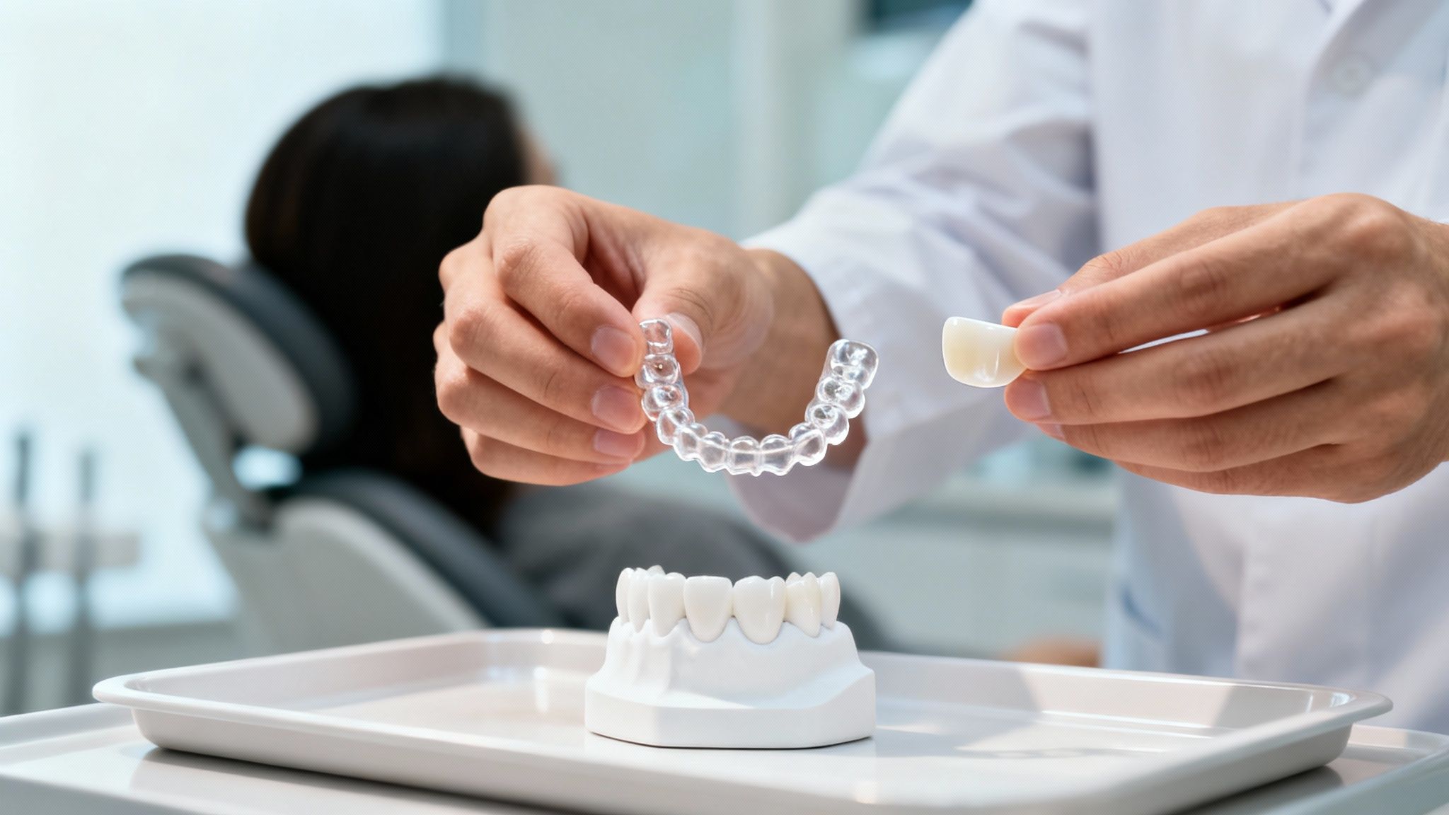 A dentist's hands holding a clear aligner and a tooth model, with a dental arch model on a tray.