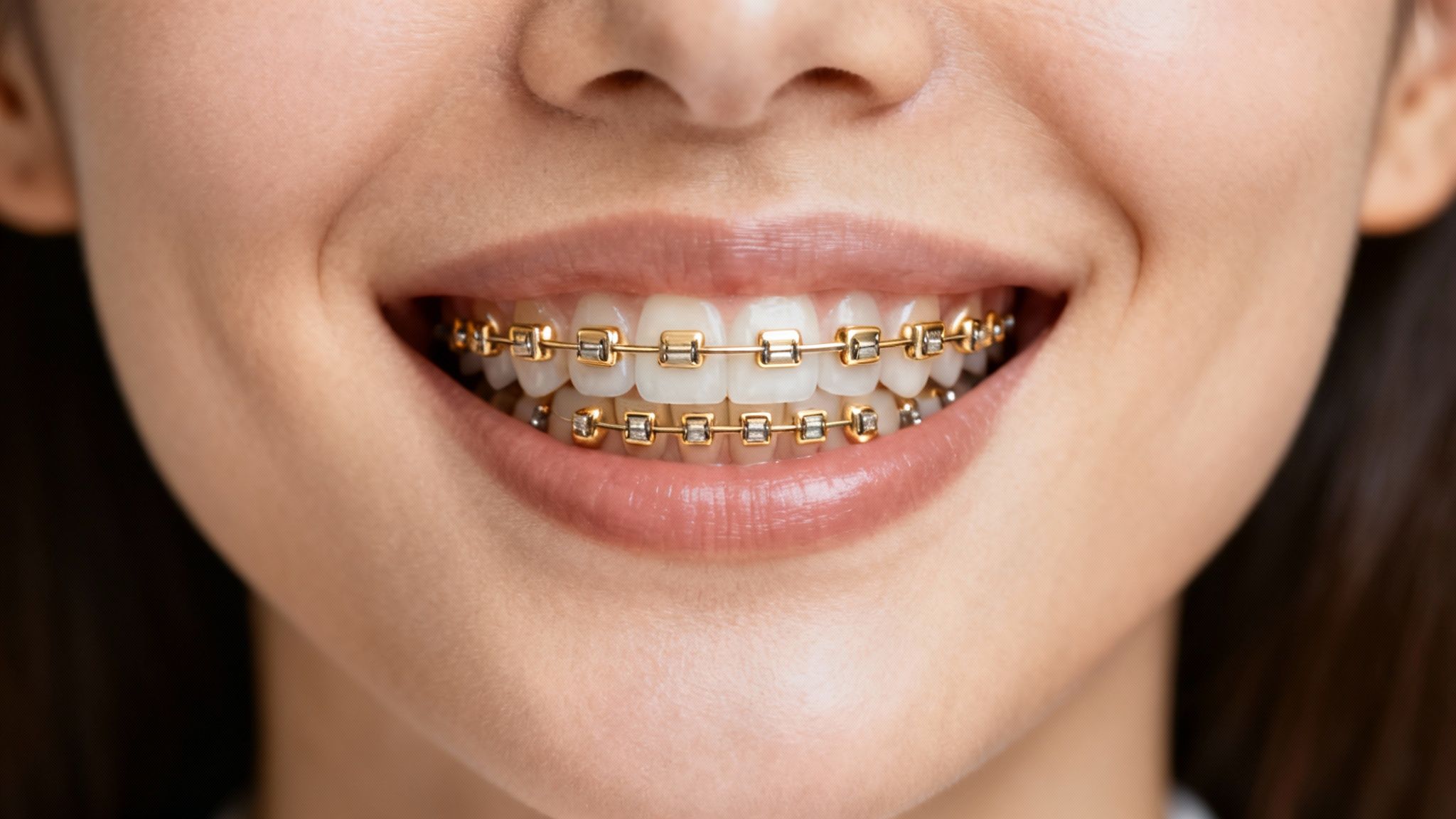 Close-up of a smiling young person with shiny gold dental braces on upper and lower teeth.