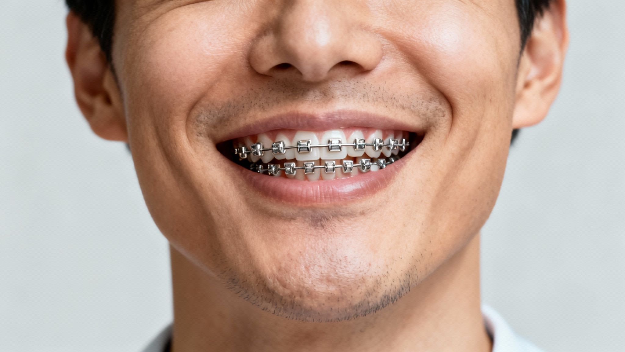 Close-up of a smiling person's mouth showing white teeth with metal braces.