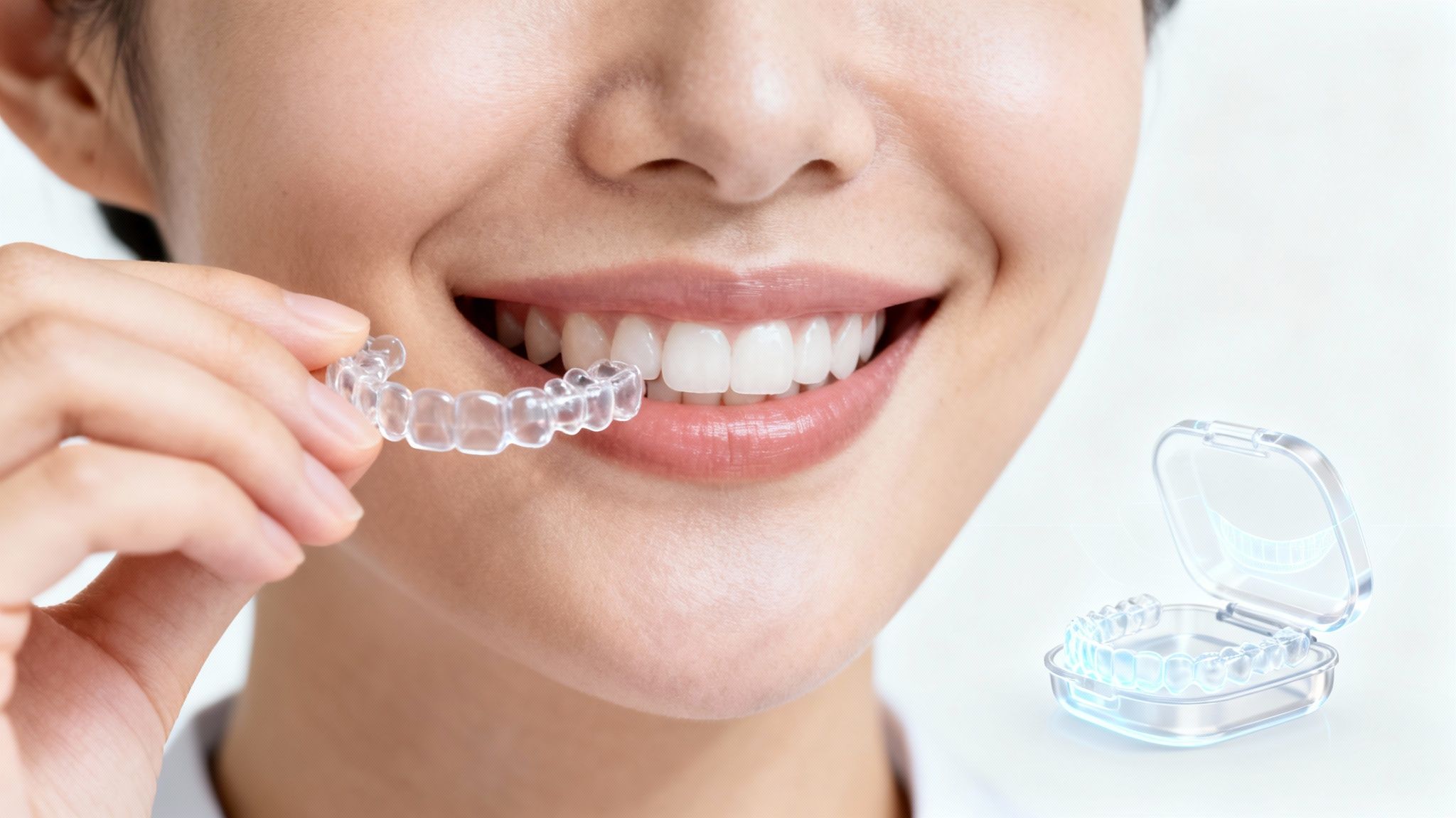 Close-up of a smiling woman holding a clear dental aligner for teeth straightening.