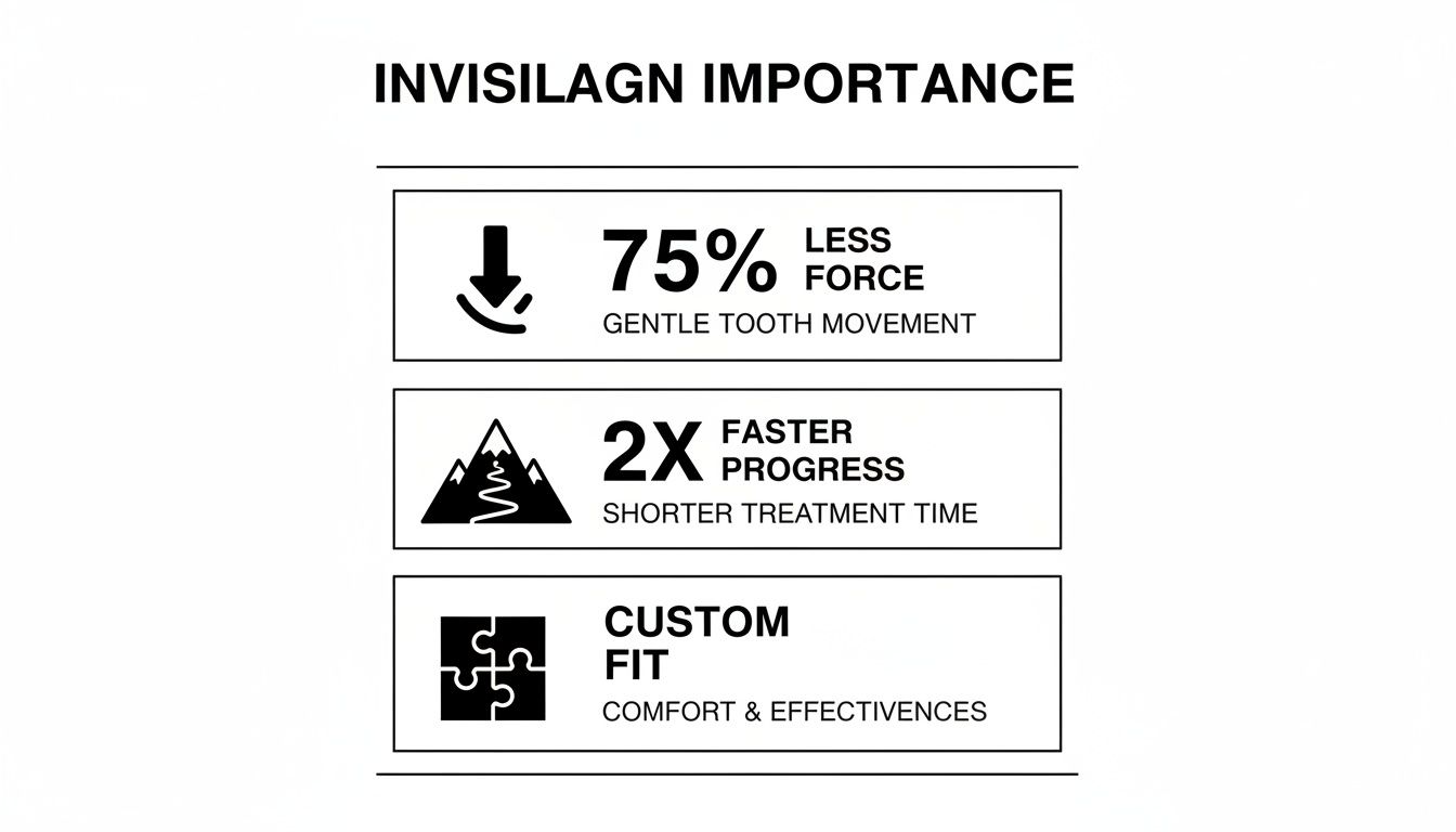 An infographic detailing Invisalign benefits, including less force, faster progress, and custom fit.