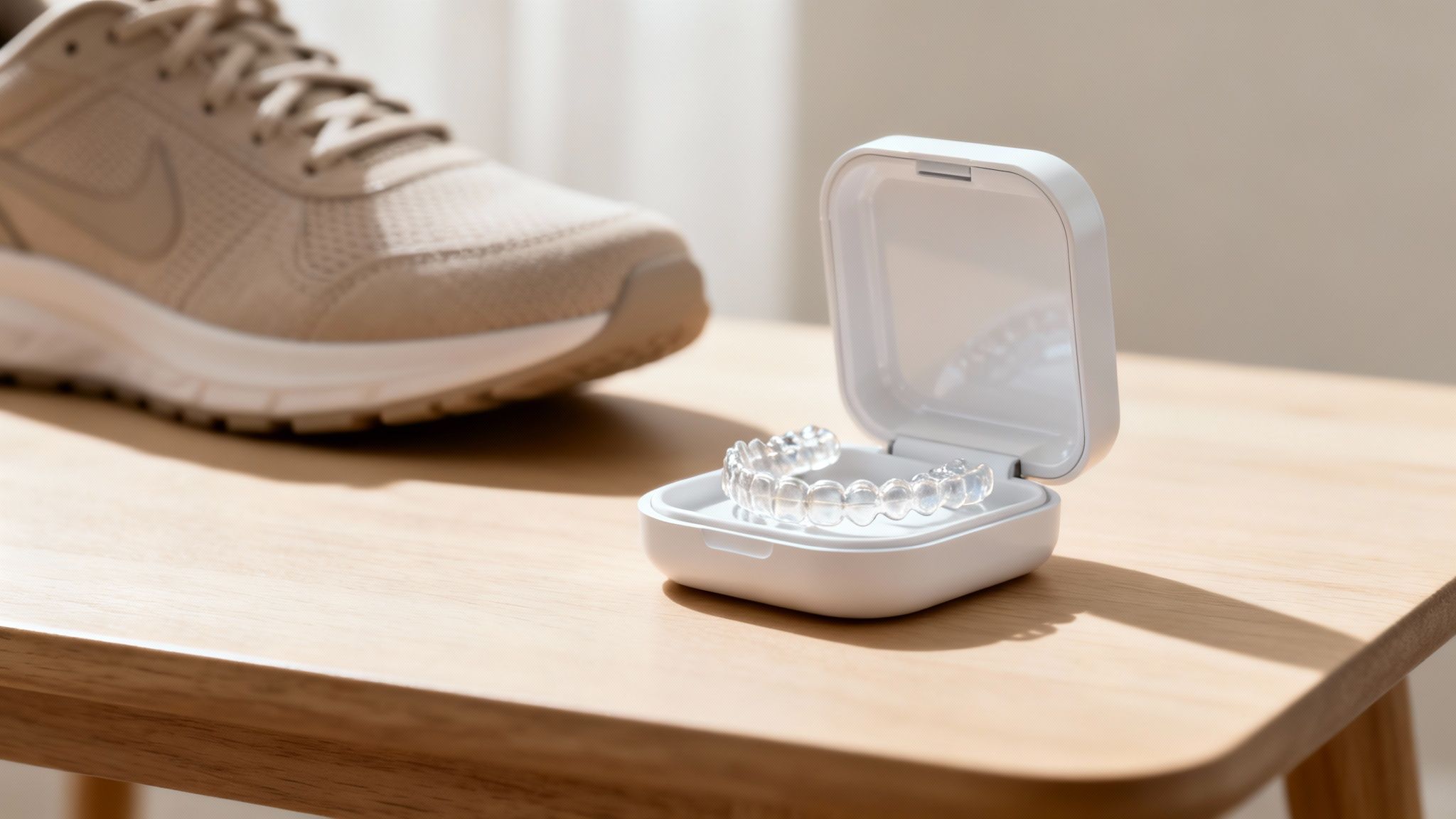 Clear dental aligners in a white case on a wooden table with a sneaker in the background.