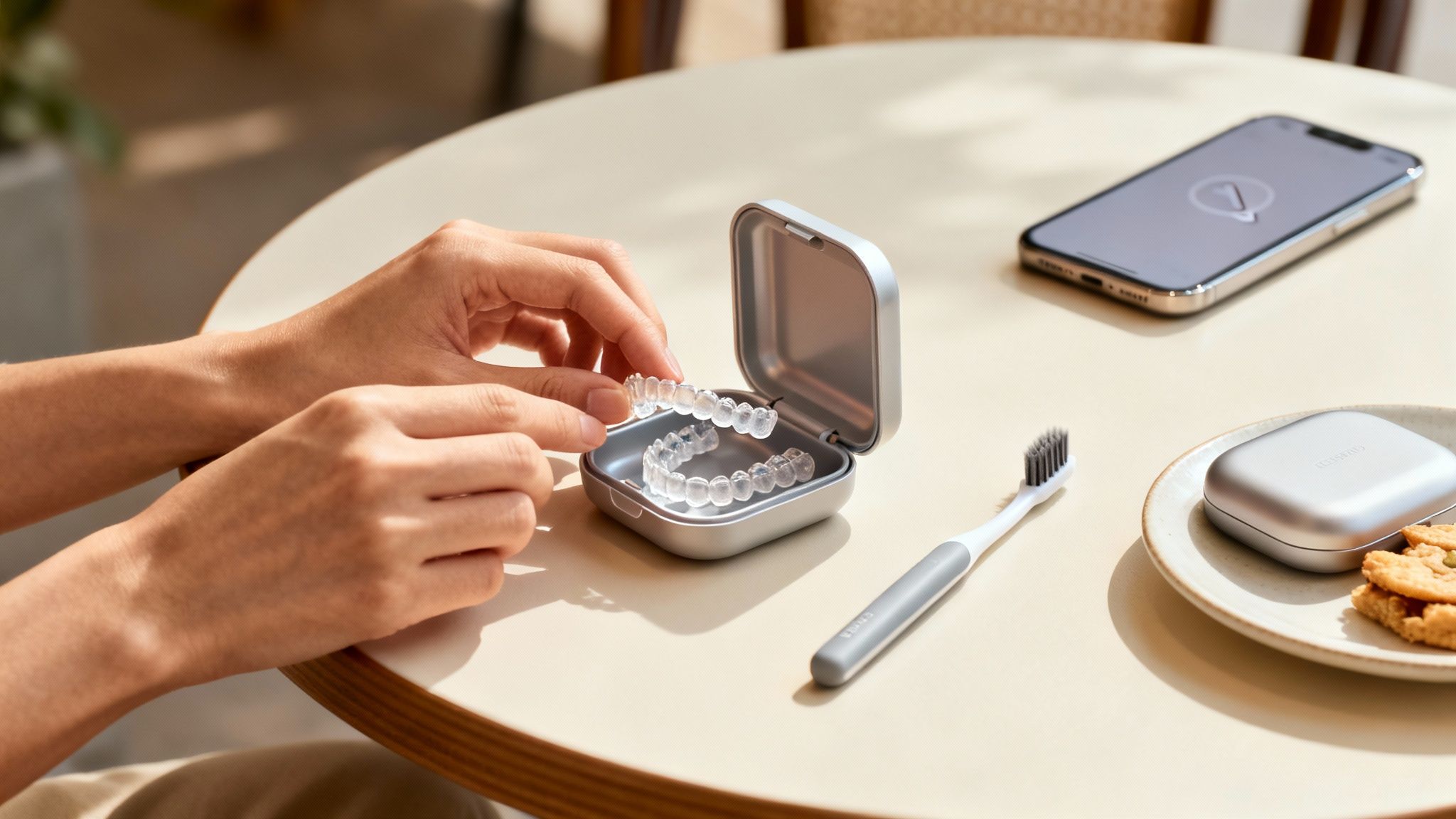 A person's hands are placing clear dental aligners into a sleek silver case on a table.