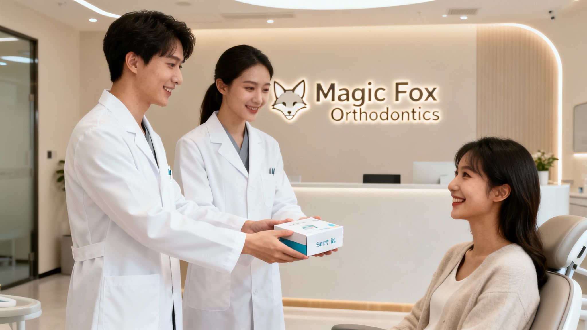 Two smiling dentists in white coats present an orthodontic treatment kit to a happy patient.