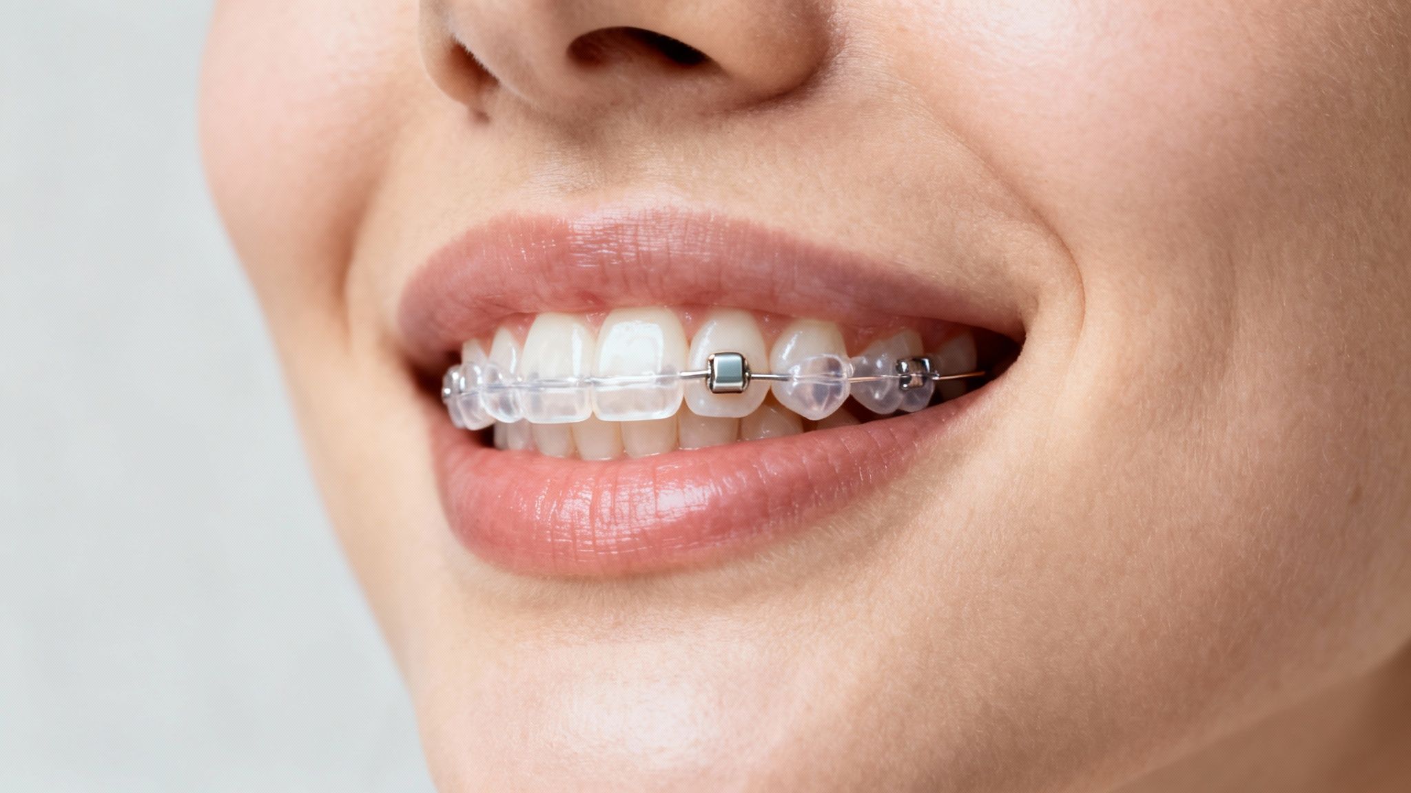 Close-up of a smiling person revealing clear ceramic braces on their upper teeth, showing dental alignment progress.