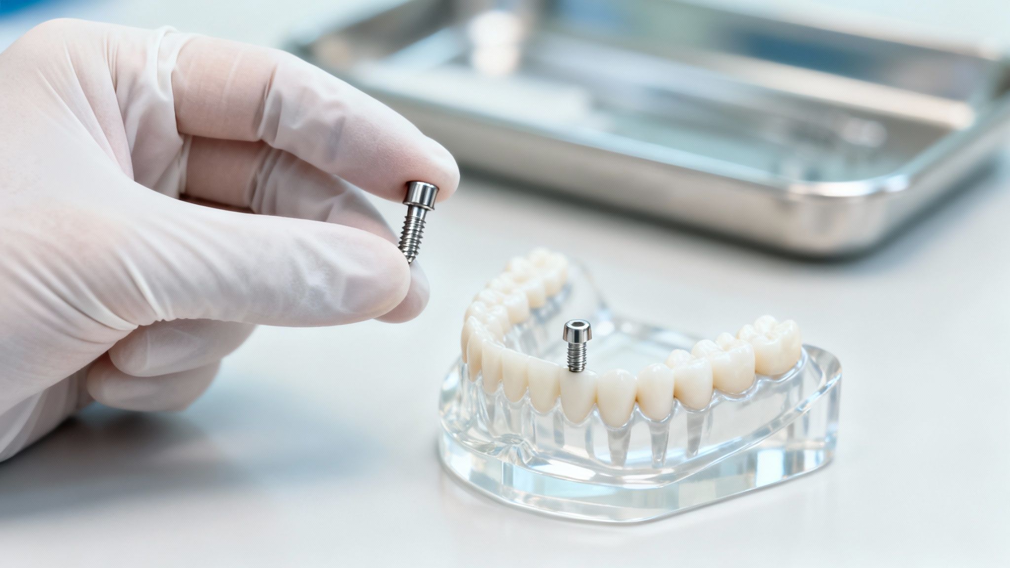 A gloved hand holds a dental implant screw above a jaw model with an implant.