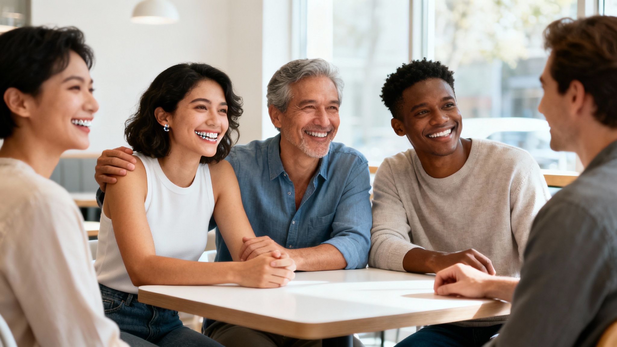 Four happy diverse adults smiling and laughing together at a table in a bright cafe.