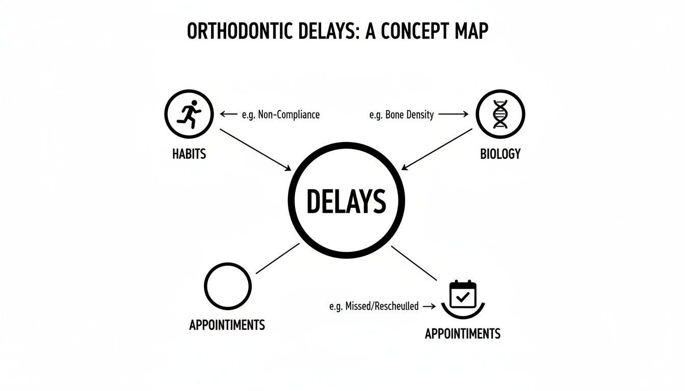 Concept map illustrating factors contributing to orthodontic treatment delays, including habits, biology, and appointments.