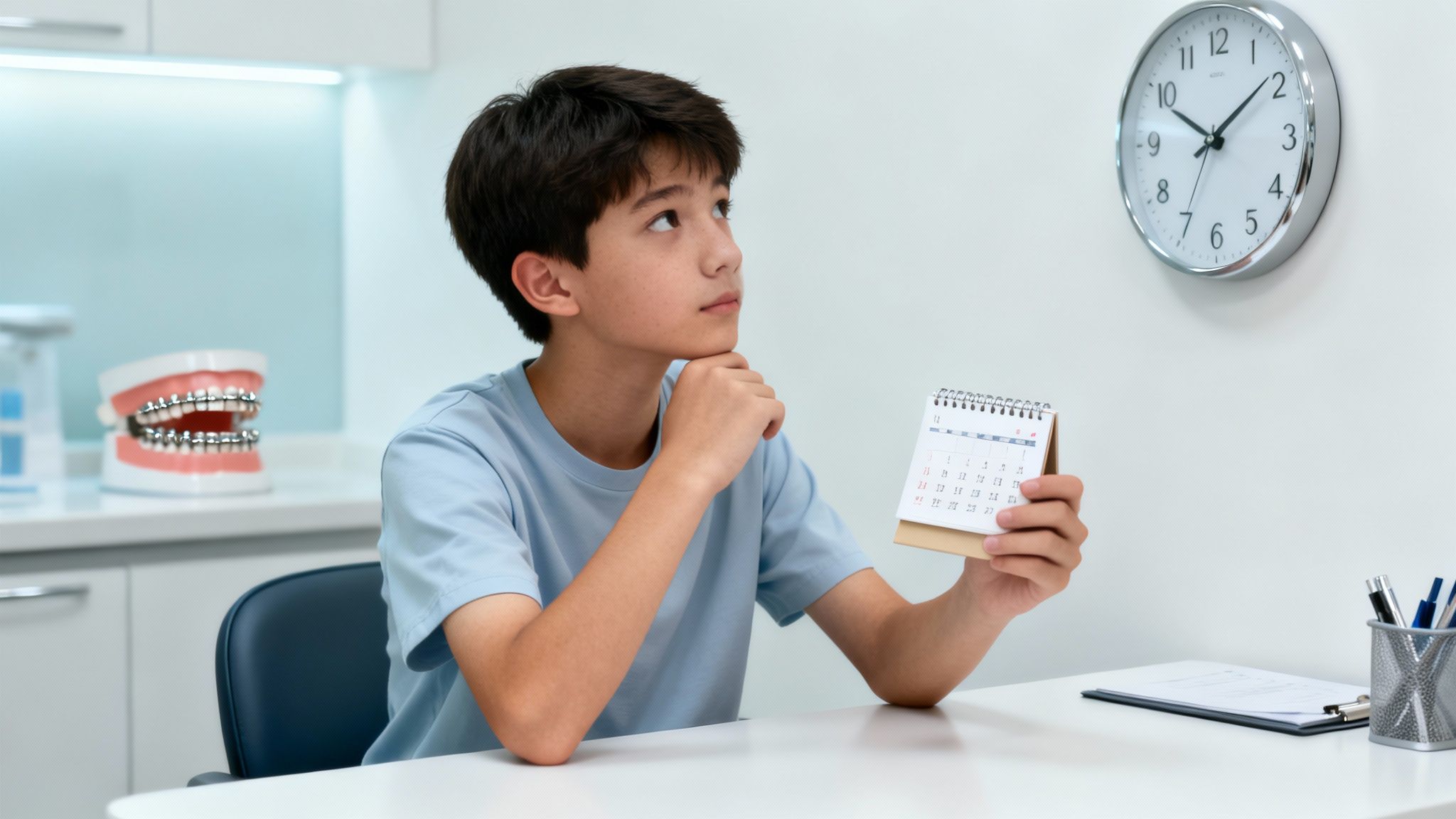 Thoughtful boy in a dental office holding a calendar, contemplating orthodontic treatment schedule.