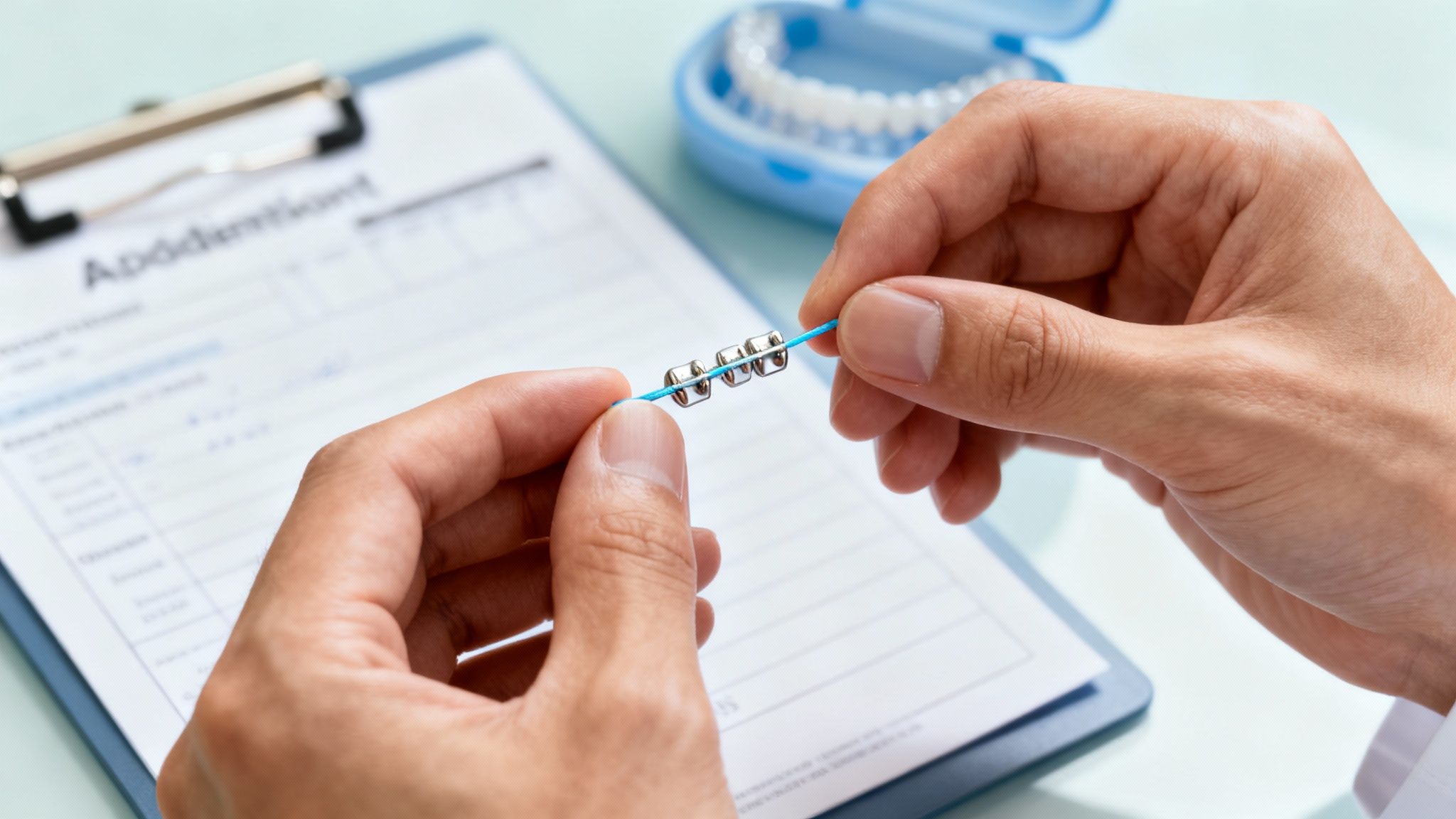 Close-up of hands holding an orthodontic wire with braces, with dental forms and aligners in the background.