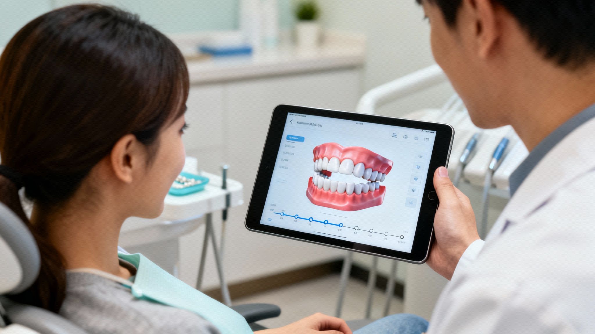 A dentist shows a patient a 3D digital model of teeth on a tablet for orthodontic treatment planning.