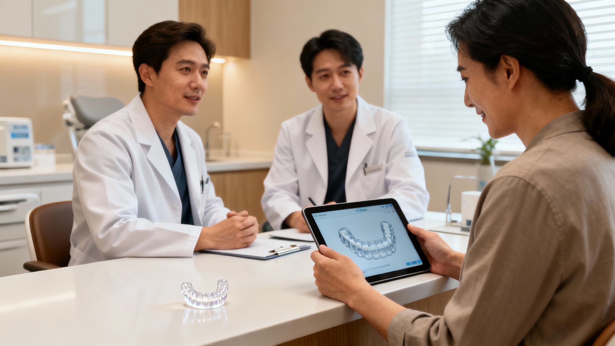 Two dentists explain clear aligner treatment to a smiling patient using a tablet and a model.