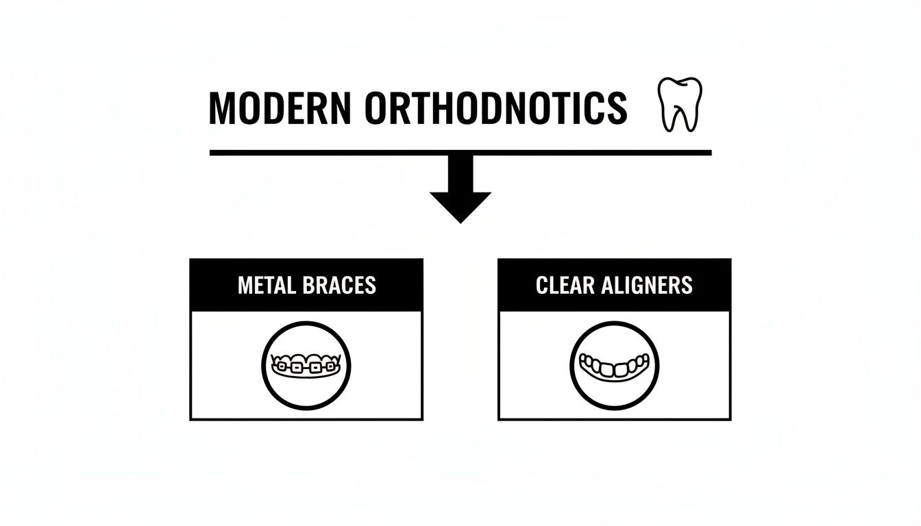 Modern orthodontics diagram showing two main options: metal braces with an icon and clear aligners with an icon.