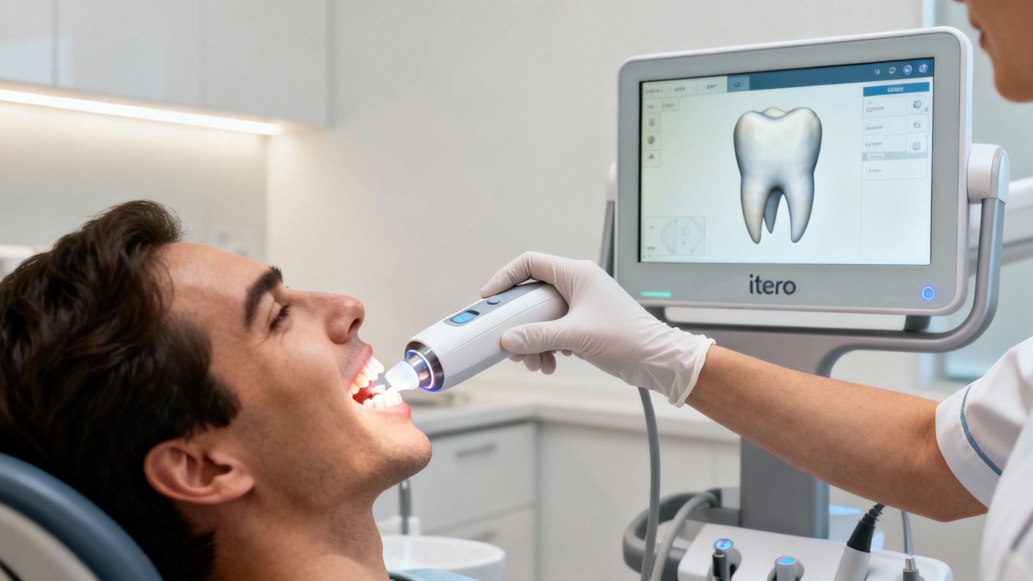 A dental professional scans a male patient's teeth with an iTero scanner, displaying a 3D tooth on the screen.