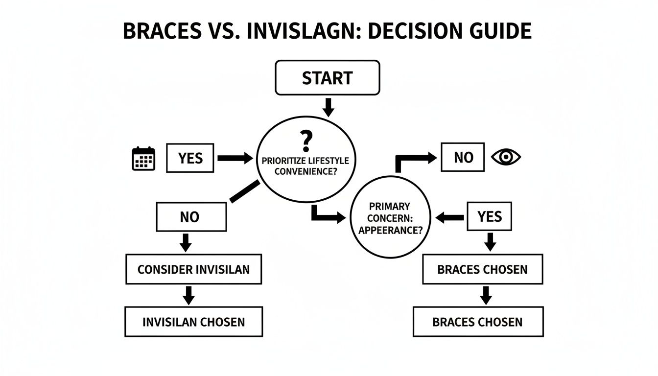 A decision guide flowchart titled 'Braces vs. Invisi(l)agn' outlining choices based on lifestyle convenience and appearance.