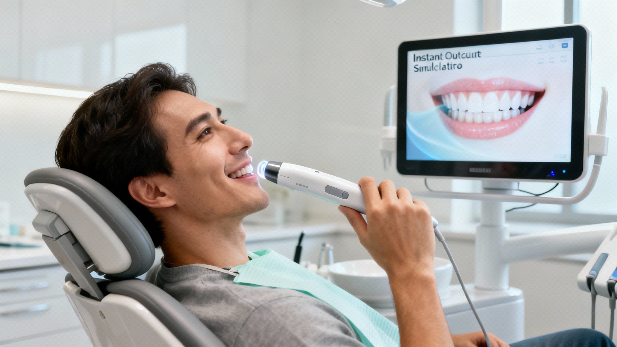 Smiling patient receives a digital dental scan, with teeth simulation on a monitor.