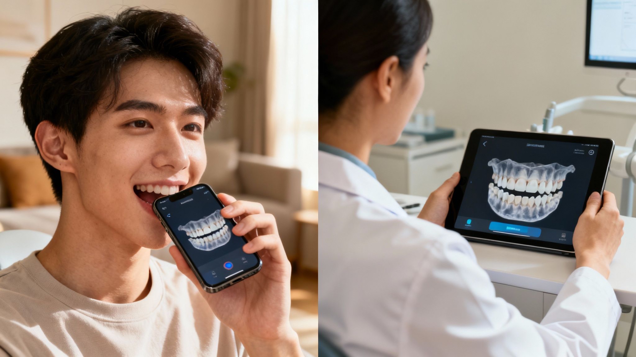 A patient uses a smartphone app for a teeth scan, while a dentist reviews the 3D model on a tablet.