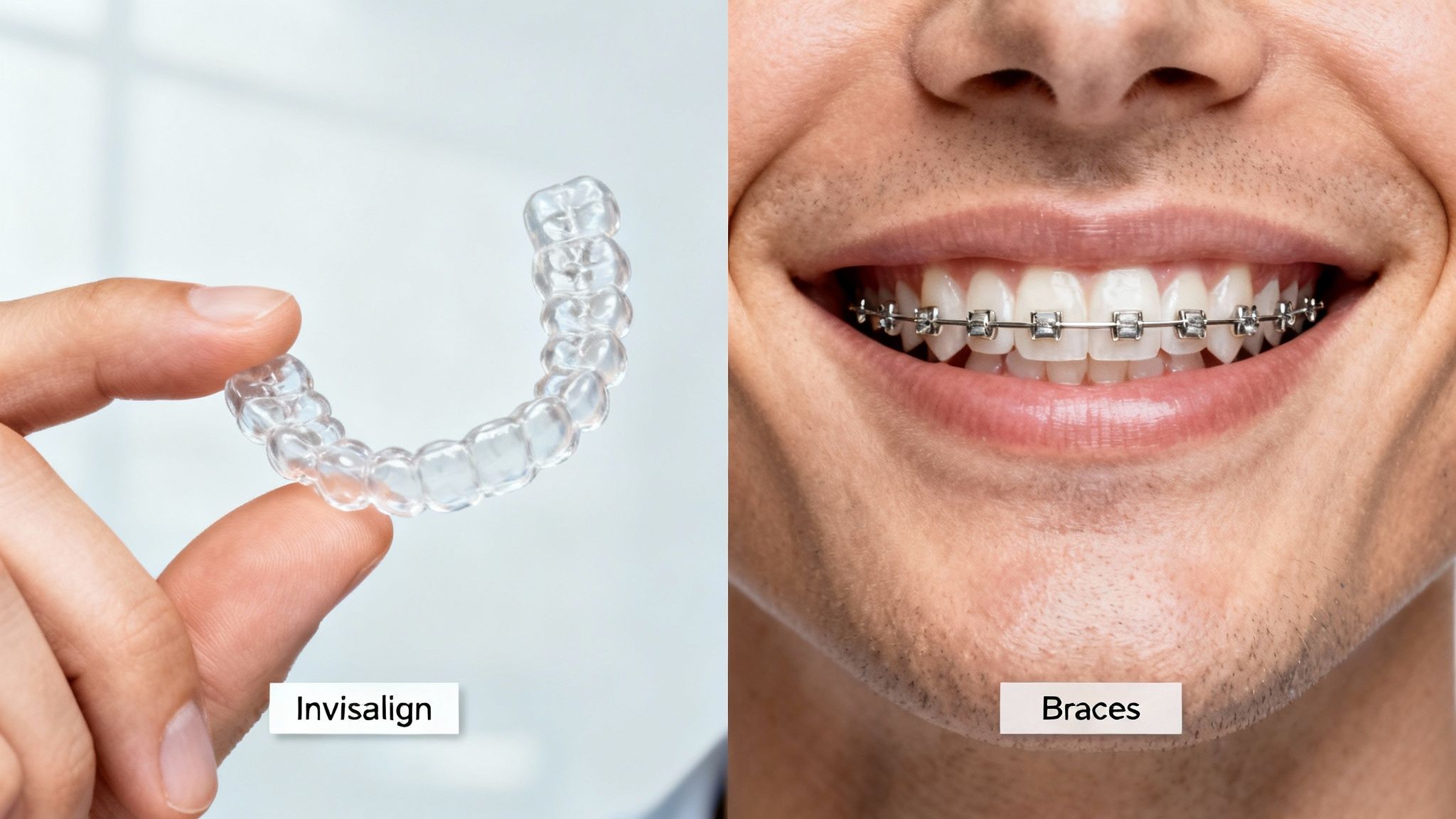 A clear aligner (Invisalign) held in a hand juxtaposed with traditional metal braces on a smiling person's teeth.
