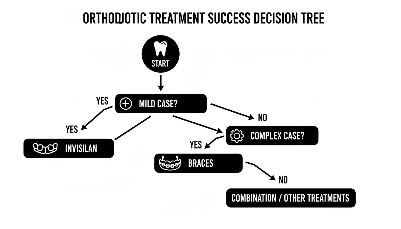 Orthodontic treatment decision tree flowchart guiding choices for mild and complex dental cases.