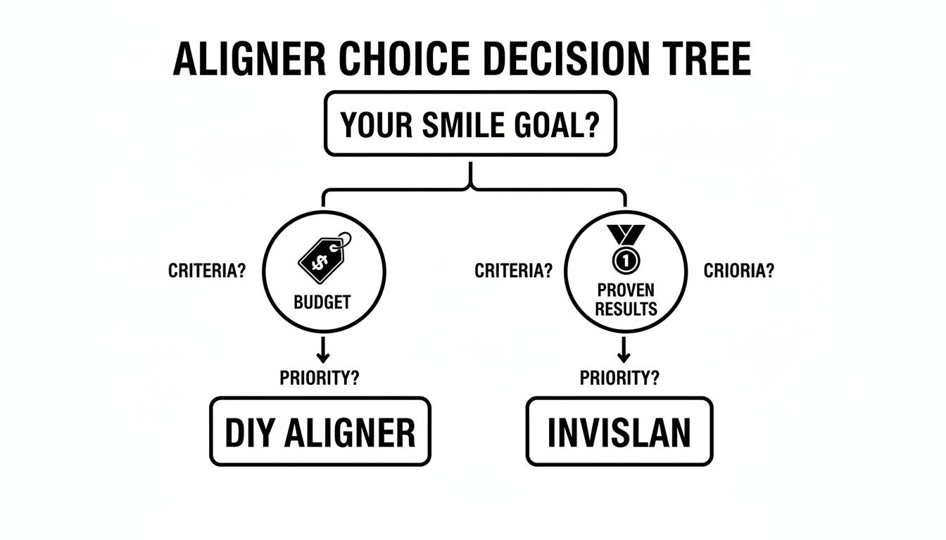 A decision tree flowchart comparing aligner choices: DIY aligners based on budget or Invisalign based on proven results.