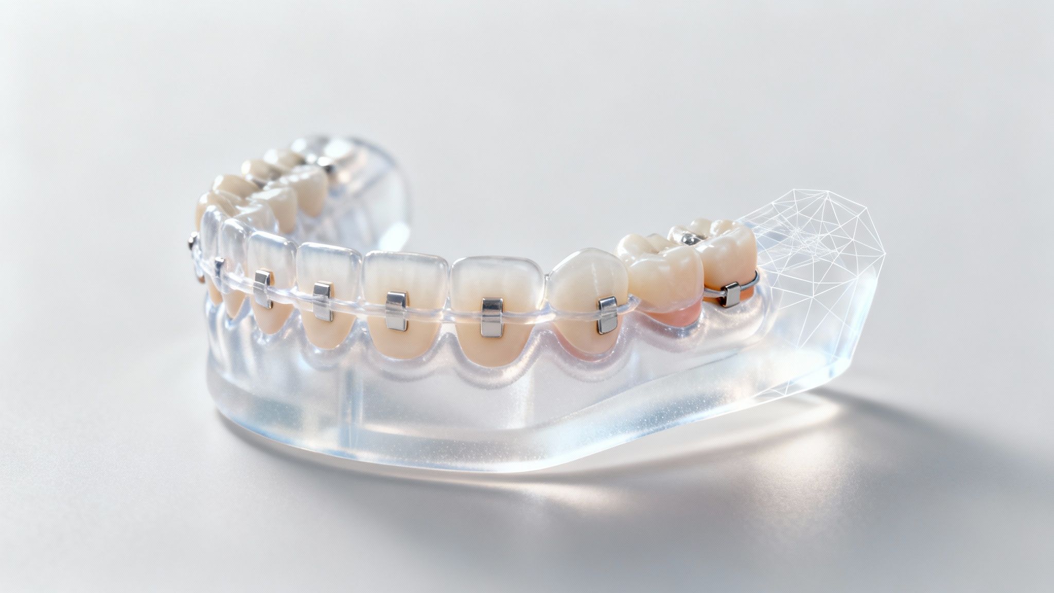 Detailed view of a clear dental model with ceramic braces, highlighting modern orthodontics.