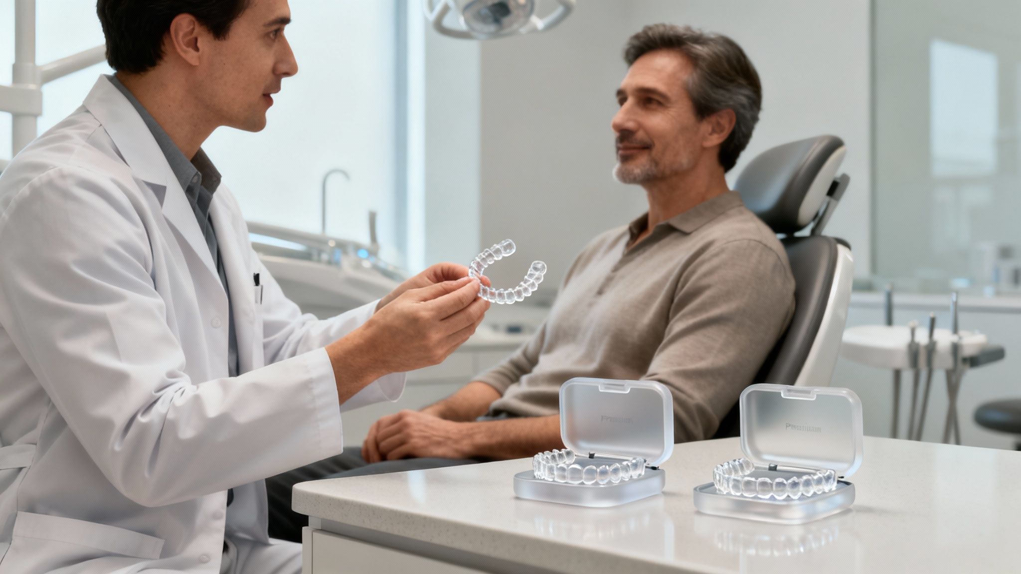 Dentist shows clear aligners to a male patient during a dental consultation in a modern office.
