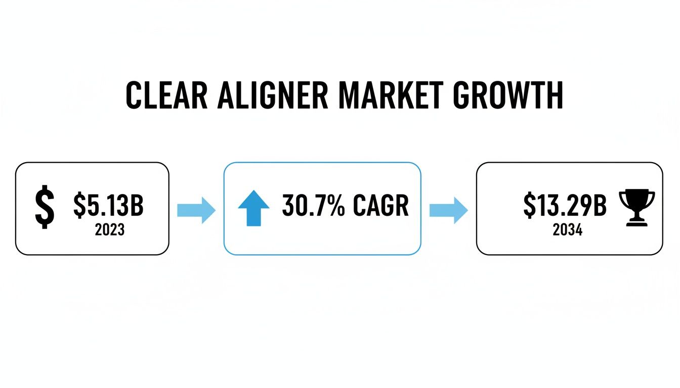 Clear aligner market growth projected from $5.13B in 2023 to $13.29B by 2034.