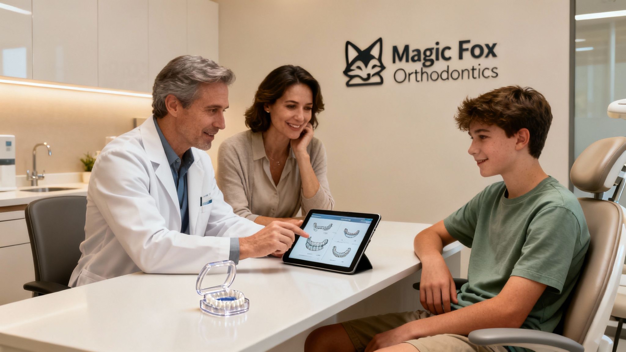 An orthodontist explains dental treatment options on a tablet to a mother and her son during a consultation.