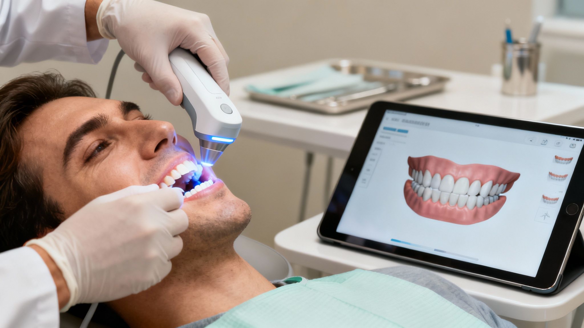 Dentist using a digital intraoral scanner on a patient, with a 3D dental model on a tablet.