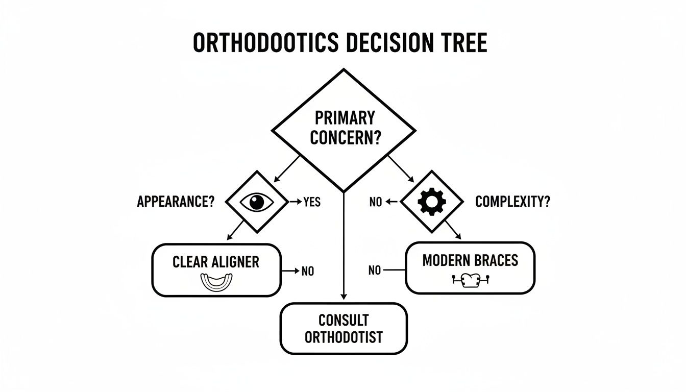 An orthodontics decision tree flowchart, guiding choices between clear aligners, modern braces, or consulting an orthodontist.