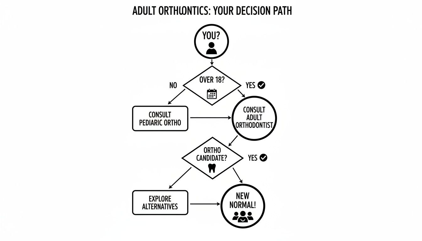 A flowchart detailing the decision path for adult orthodontics, guiding users based on age and candidacy.