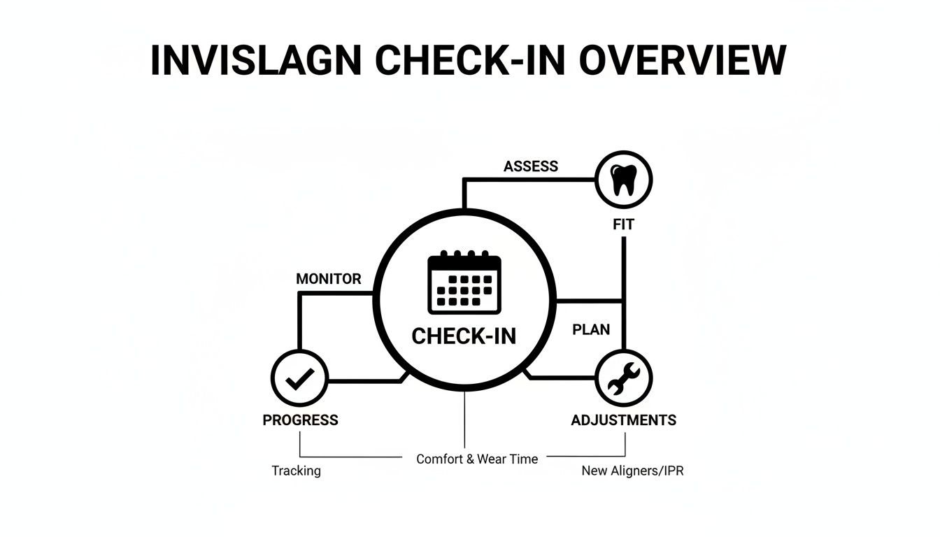 Invisalign check-in overview diagram showing monitoring progress, assessing fit, planning adjustments, and tracking wear time.