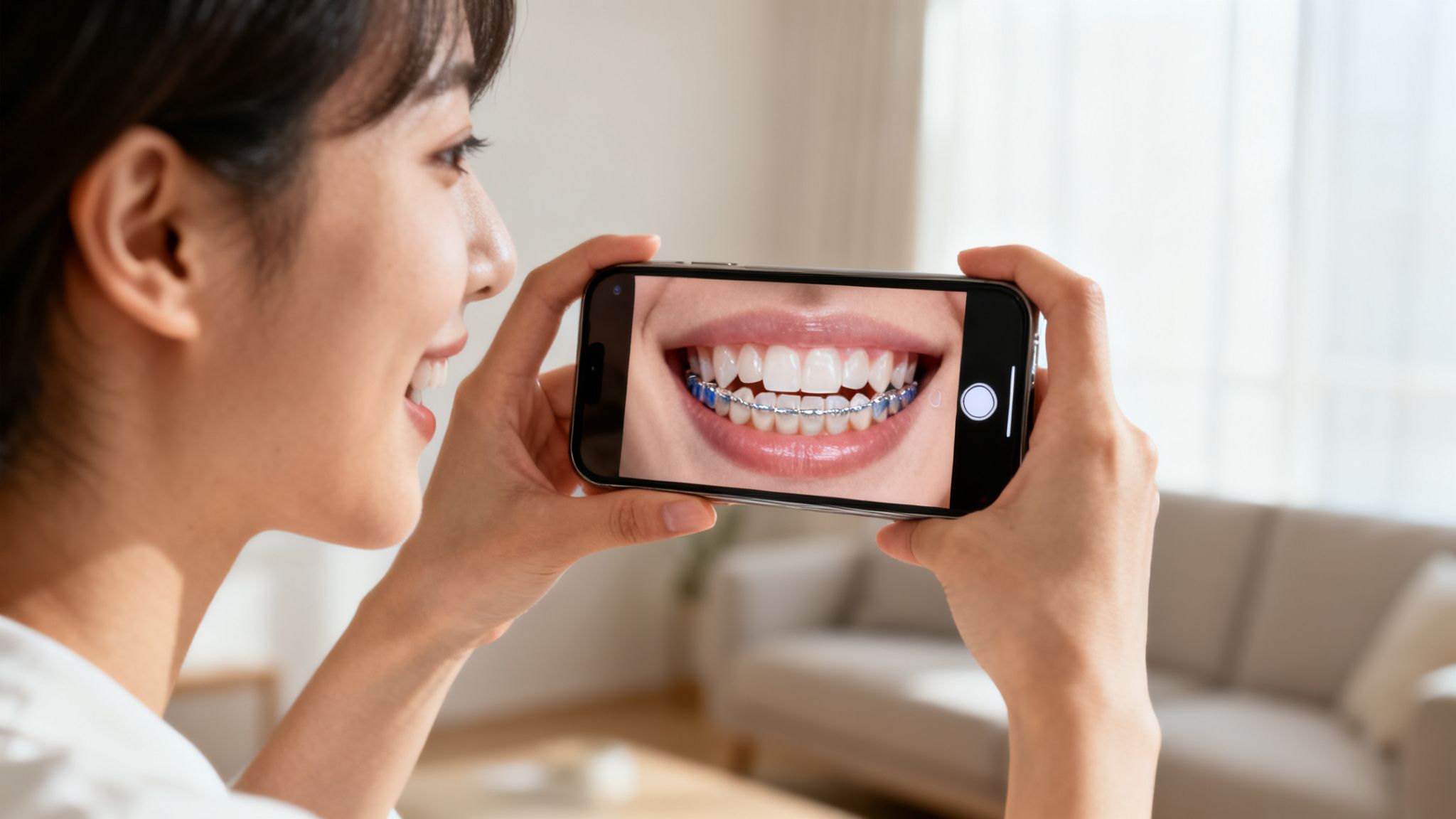 Smiling person holding a smartphone displaying a close-up image of teeth with clear braces.
