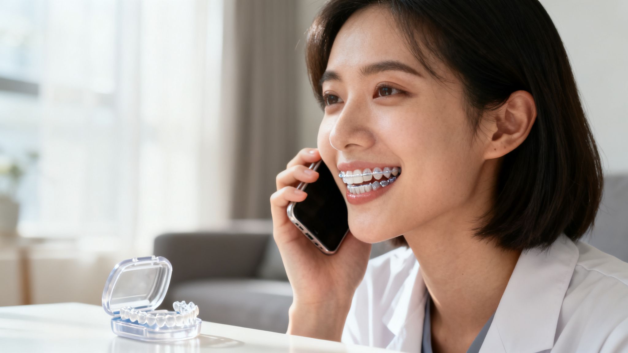 A smiling woman with dental braces talks on the phone, with clear aligners on a table.