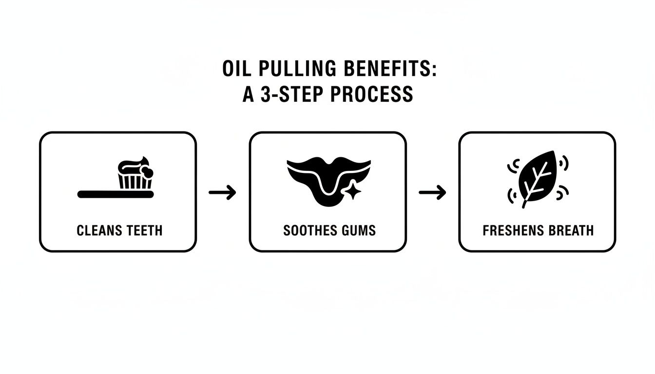A diagram illustrating oil pulling benefits: cleans teeth, soothes gums, and freshens breath.