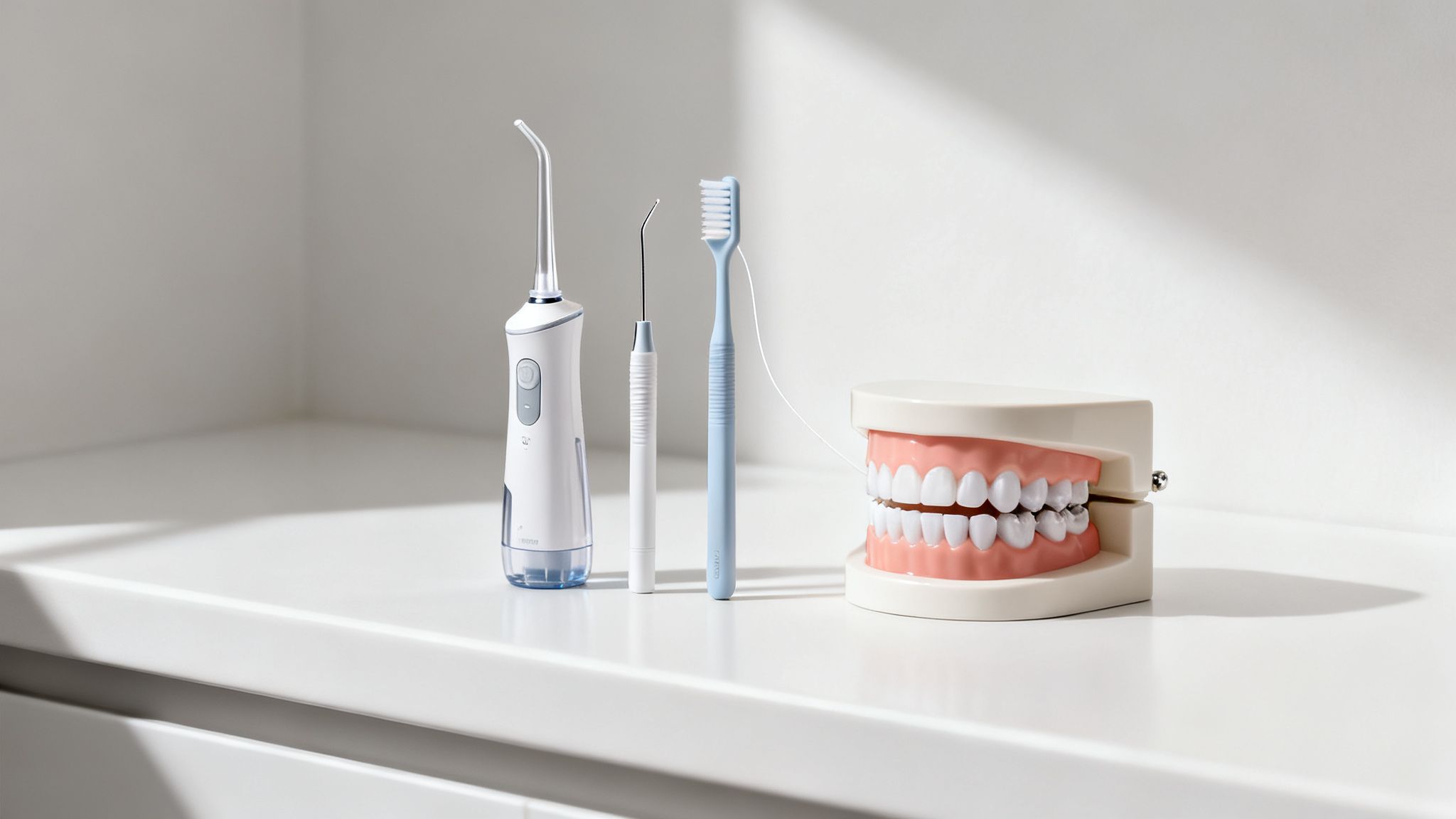 Various dental hygiene tools, including a water flosser, dental pick, toothbrush, and a dental model.