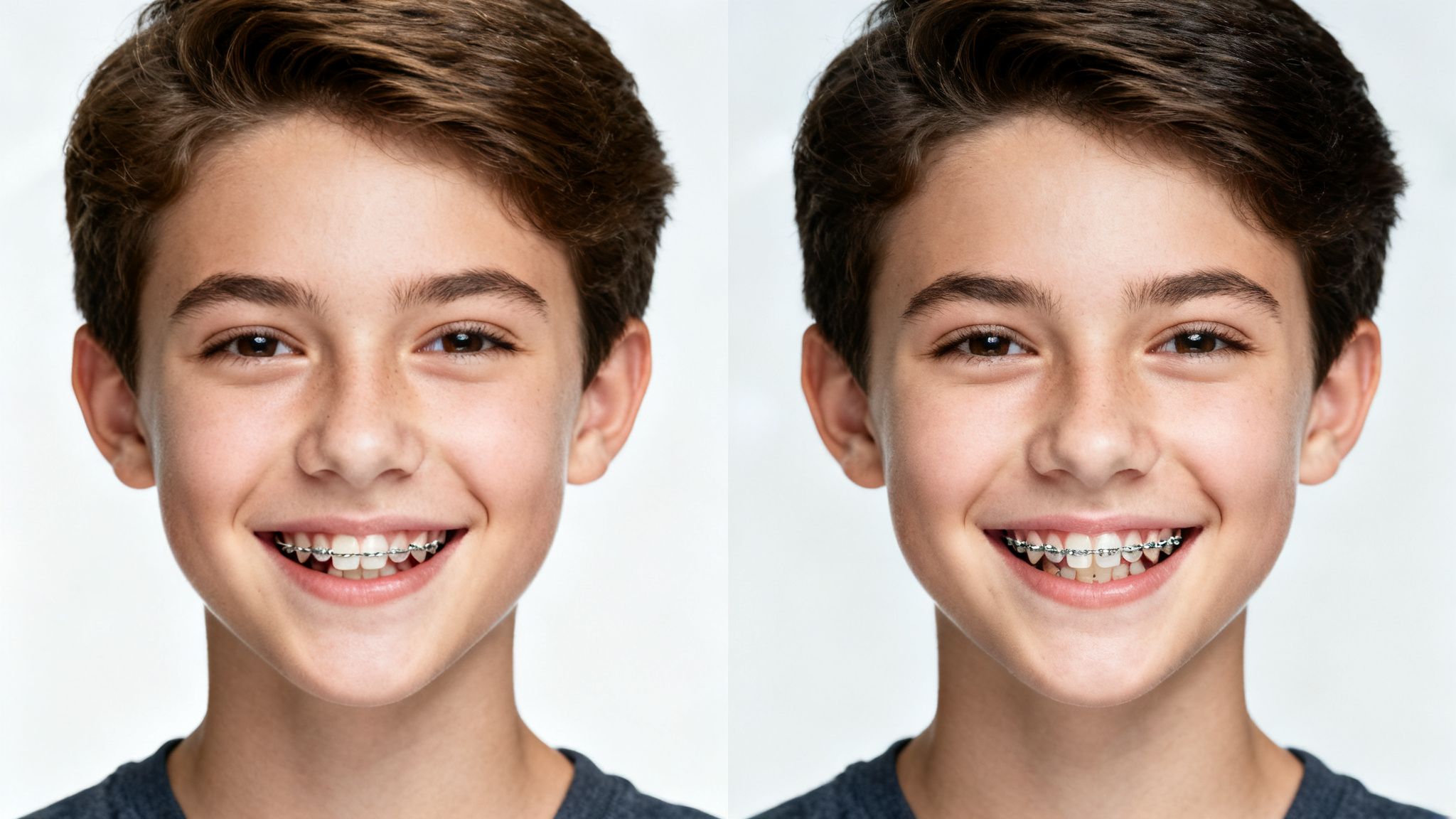 Close-up of a smiling boy with braces, shown in a side-by-side view.