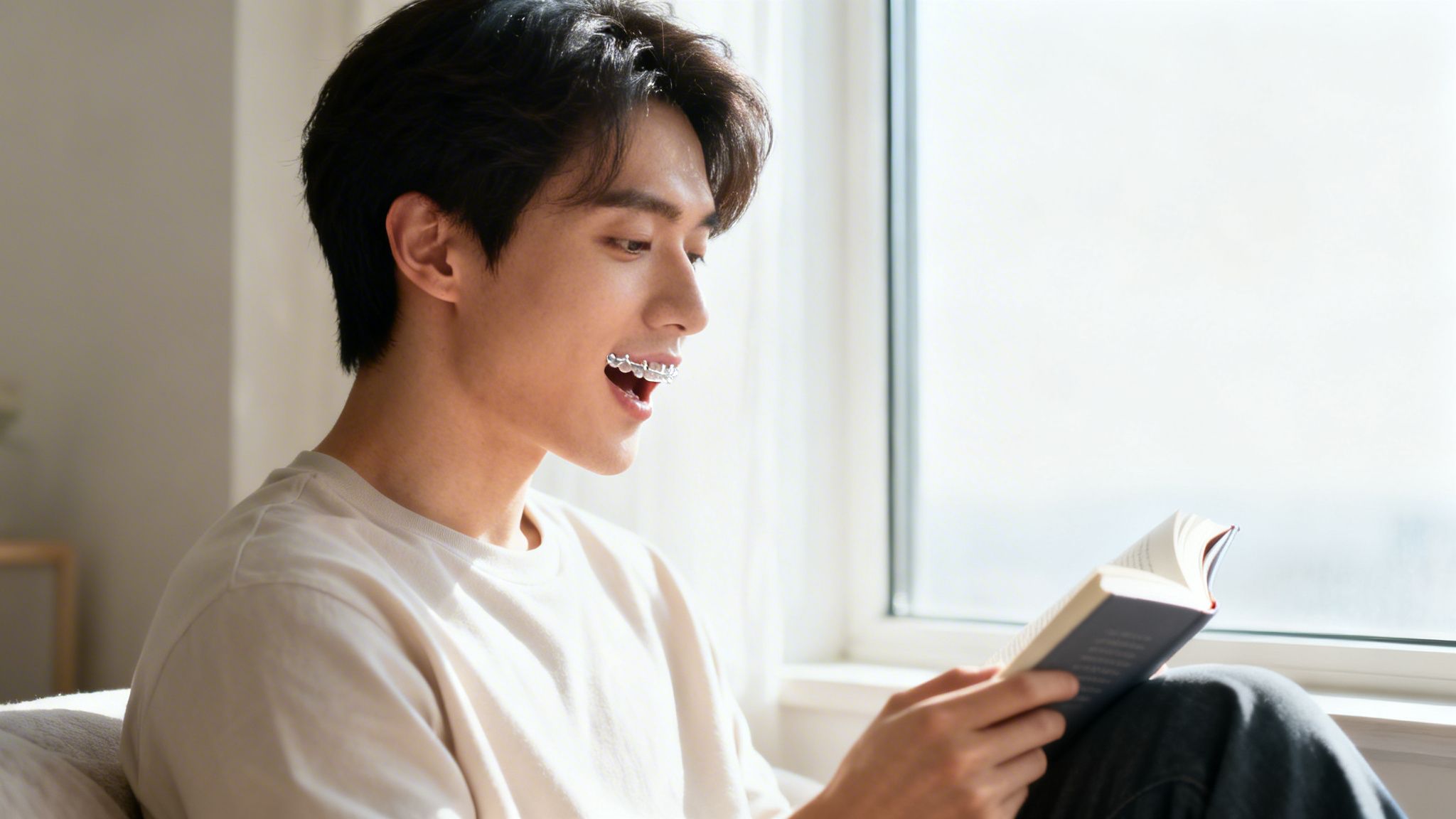 A young Asian man with clear braces reading a book by a bright window, smiling.