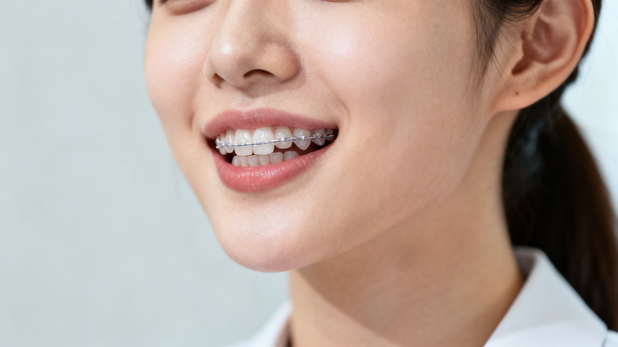 A young person smiles, revealing modern clear braces on their upper teeth.