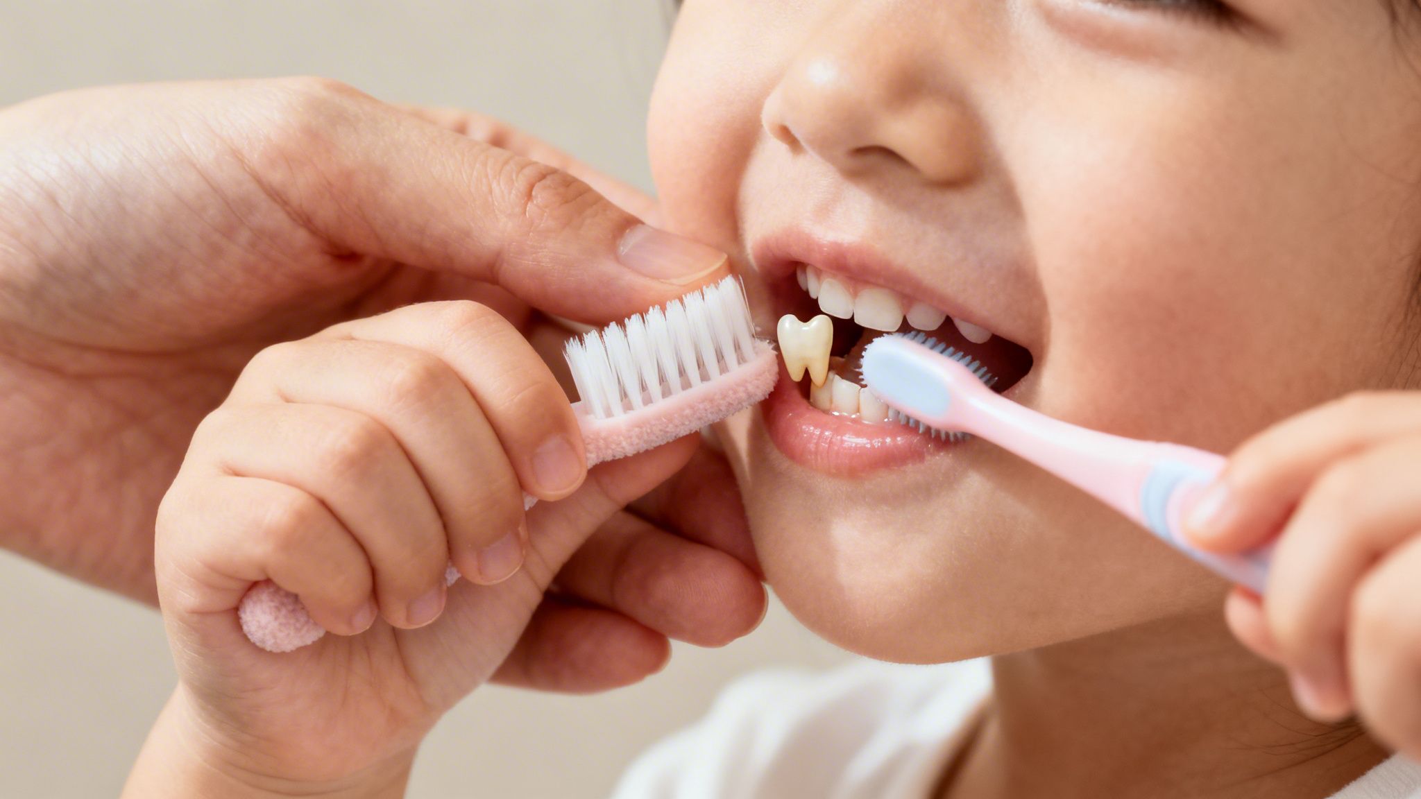 A child and an adult brush teeth together, demonstrating dental care with a tooth model.