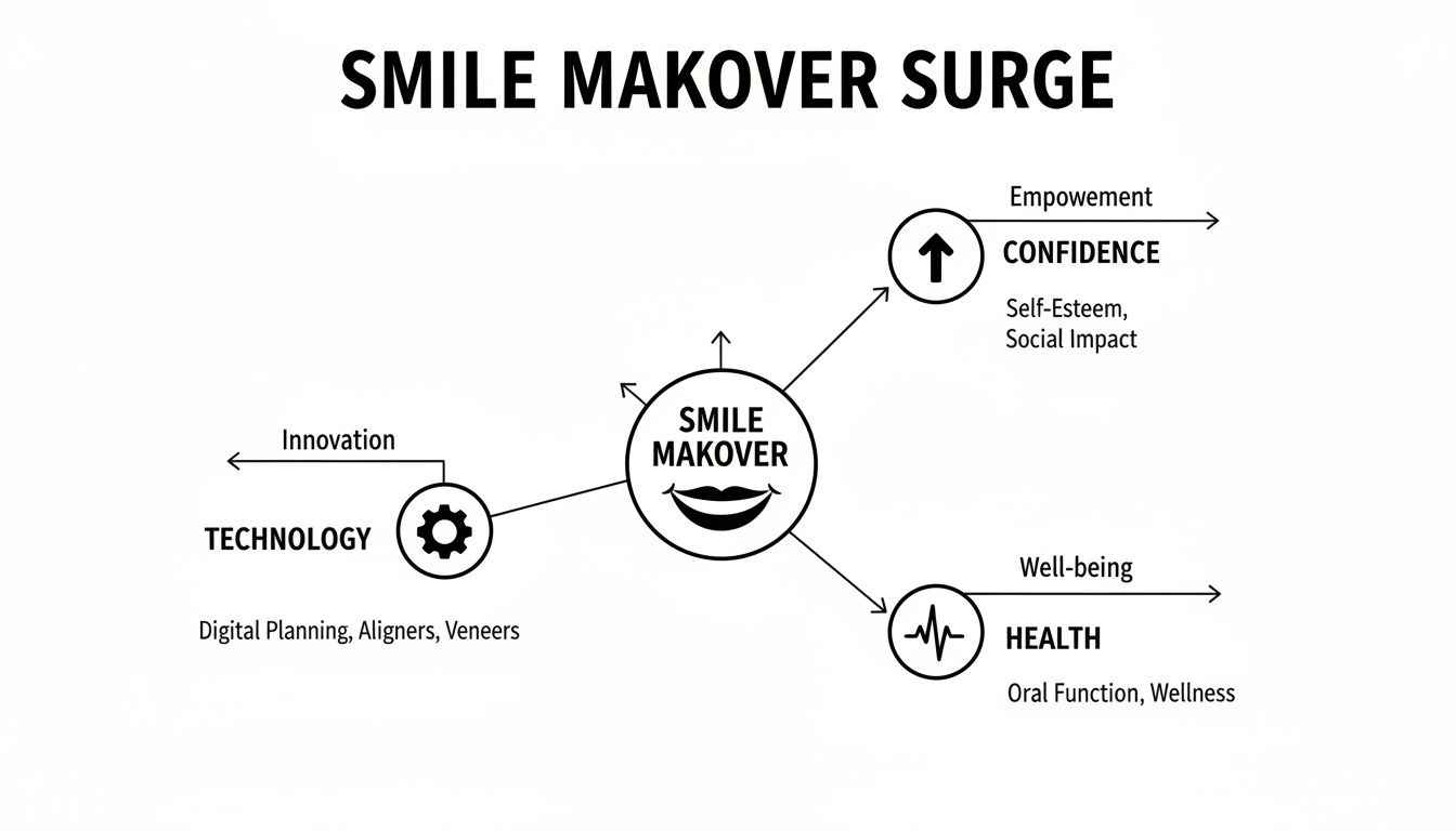 A diagram illustrating the benefits of a smile makeover, connecting technology, confidence, and health outcomes.