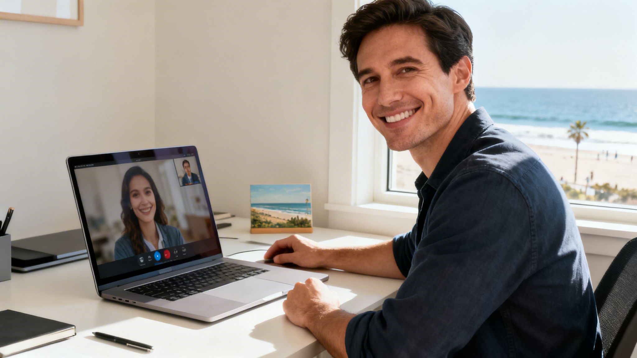 A smiling man on a video call at his desk with a beach view outside.
