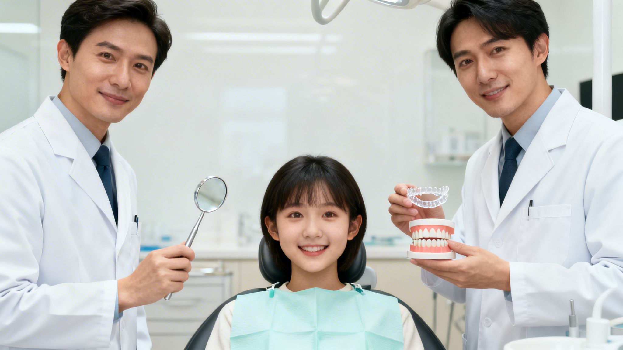 Two smiling dentists and a young female patient in a dental clinic, holding dental tools and models.