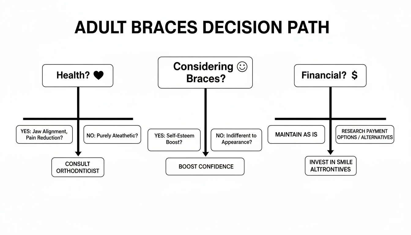 Flowchart guiding adults through the decision path for braces, considering health, appearance, and financial aspects.